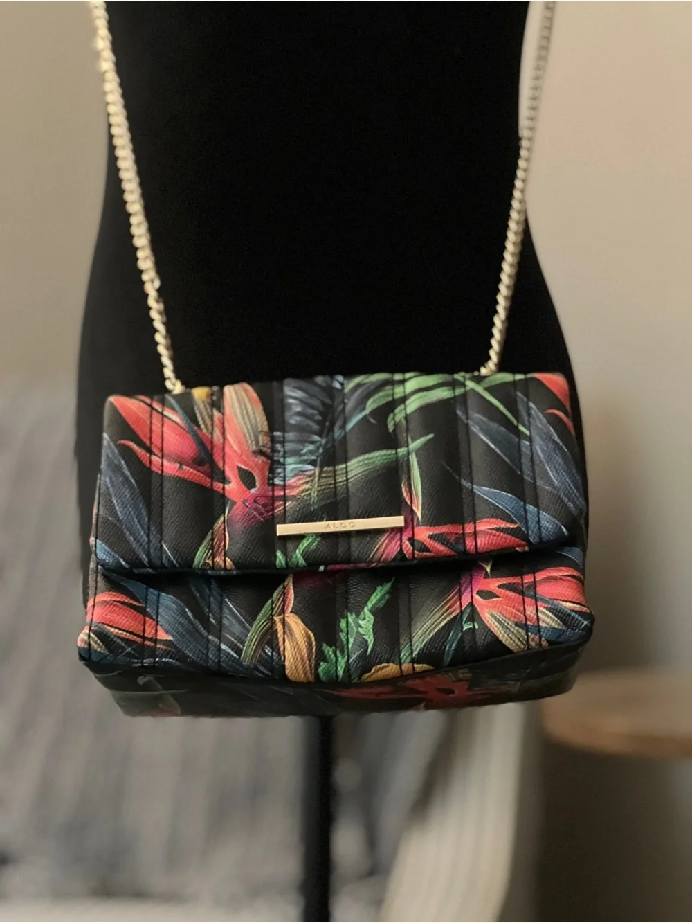 Aldo Black Quilted Crossbody with Multicolor Floral Print